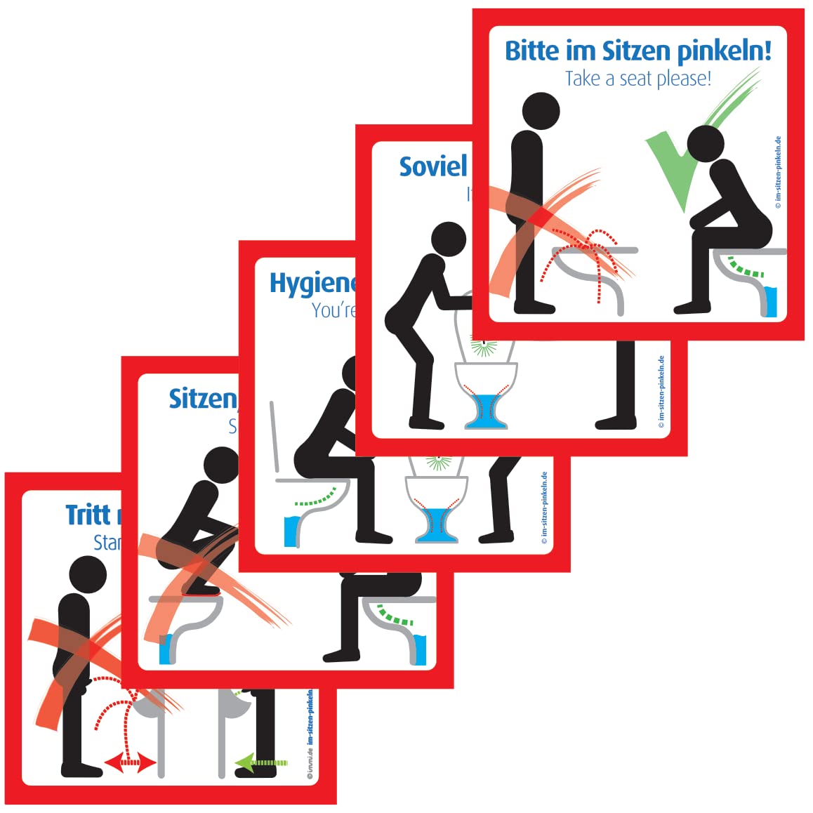 immi Bitte im Sitzen pinkeln Aufkleber. Alle 5 Motive. Saubere Toilette Schilder