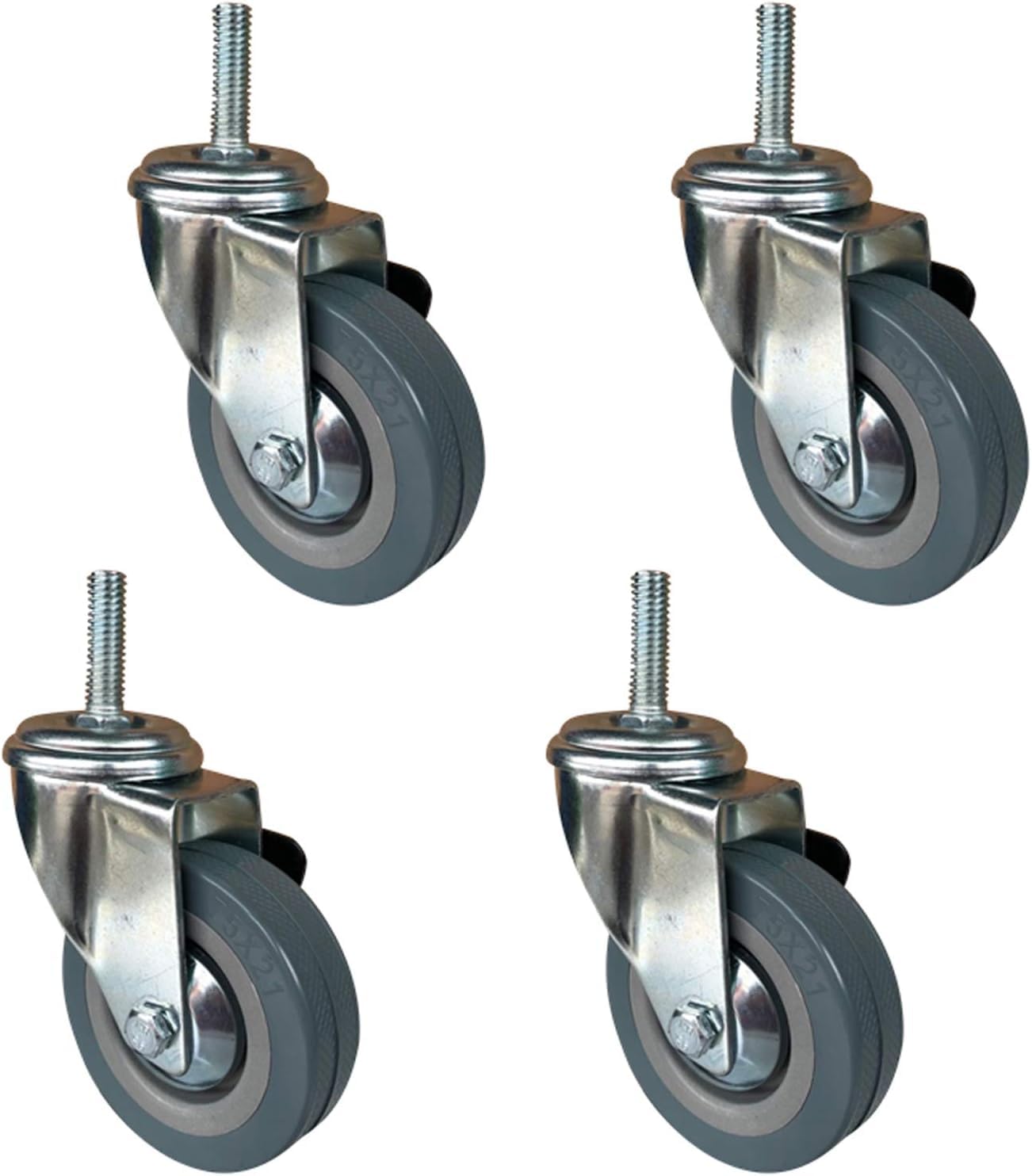 Ruote girevoli in poliuretano da 7,6 cm, con freno, stelo filettato da 75 mm, per pellicce e carrelli, confezione da 4, lisce e altezza 30 mm