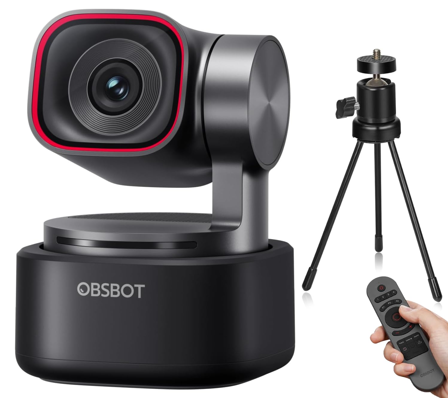 OBSBOT Tiny 3 mit Stativ RC, PTZ 4K-Webcam mit Spatial Audio, Tri-Mikrofon, 1/1,28"-Sensor, 120 FPS DGG HDR, PC-Kamera mit KI-Tracking, Spracherkennung, PDAF, ideal für Meetings und Streaming, Usw