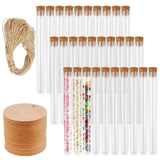 Firschoie 30 Stück Reagenzgläser, 15x150mm Reagenzgläser mit Korken kunststoff, Transparent Reagenzgläsern mit 30 Piece Kraftpapieranhänger und 20m Hanfseil,für Laboratorien, Bonbons, Blumen