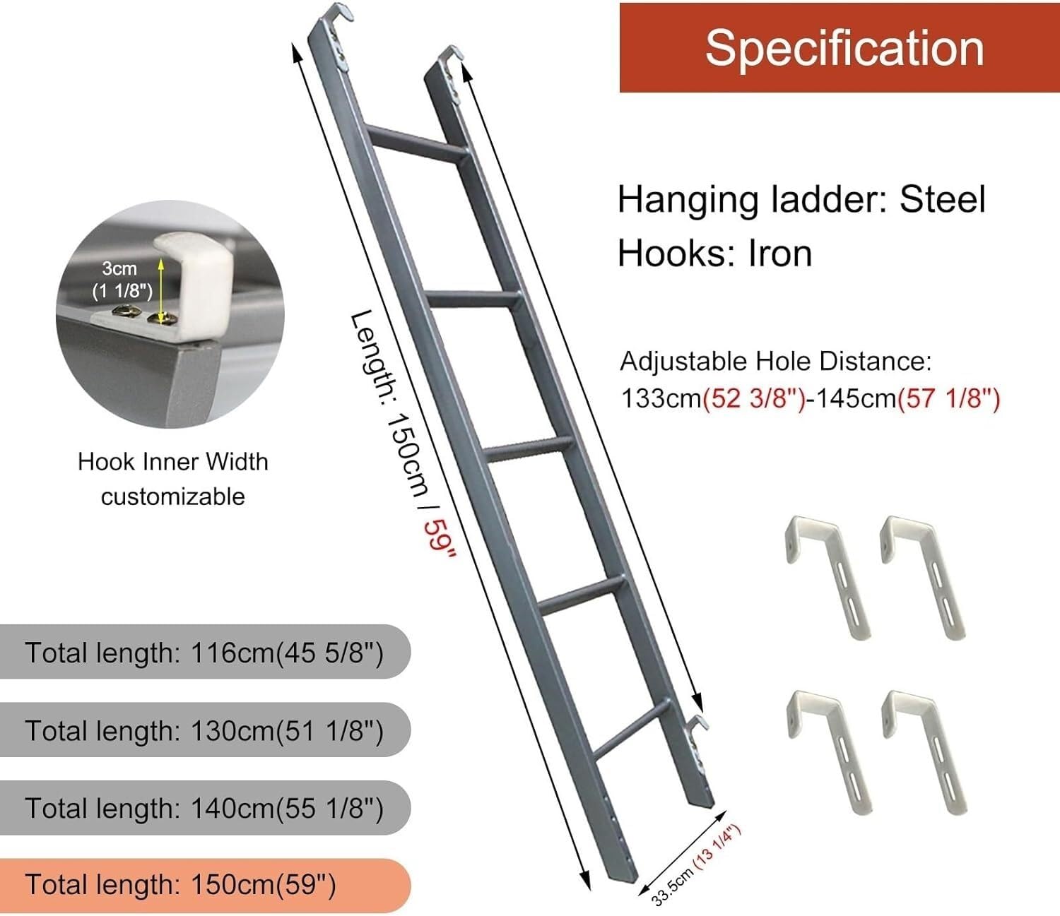 Escalera de Repuesto para litera de Metal Plateado de 4 o 5 peldaños para autocaravanas con Techo Inclinado (tamaño: 150 cm)
