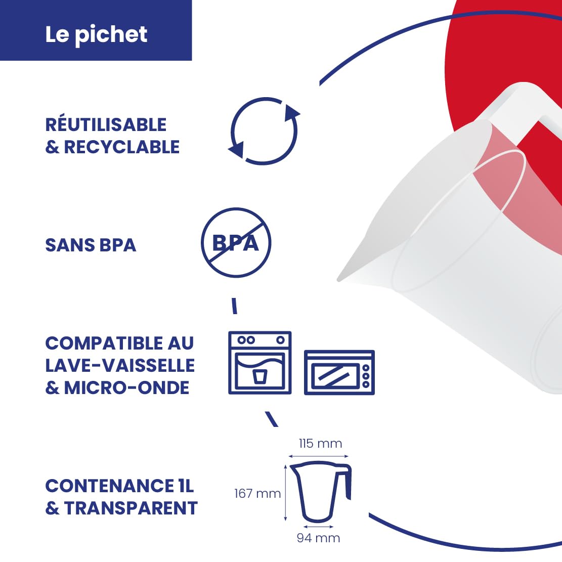 éco gobelets - Brocca riutilizzabile, economica, riciclabile, 1 L x 50 - Vetro in plastica rigida in polipropilene senza BPA - Lavabile in lavastoviglie - Trasparente