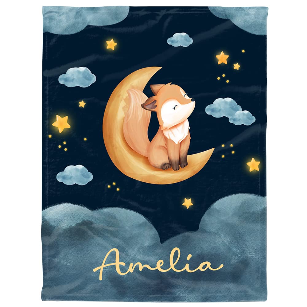 TERSTIN Custom Moon Foxes Baby with Name Personalized Blanket with Customized Blankets, Birthday Souvenir Gifts Personalized Animal Throw Blanket for Boys Kid Baby Extra Small 40