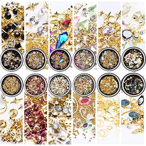Umillars 12 Wheels Nail Art Decorations Rhinestones Gold Silver Studs Metal Rivets Hollow Moon Star Shaped Diamonds Gems Mixed Size Flat Back Colorful Crystal