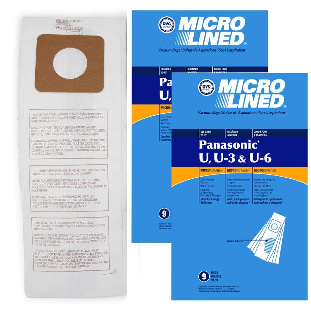 DVCMicro-Lined Paper Replacement Bags For Panasonic Style U, U-3, and U-6 Models MC-V5100, 5200, 5300, 5500, 6200, 6300, 6600, 6700, 6800, 6900-18 Bags