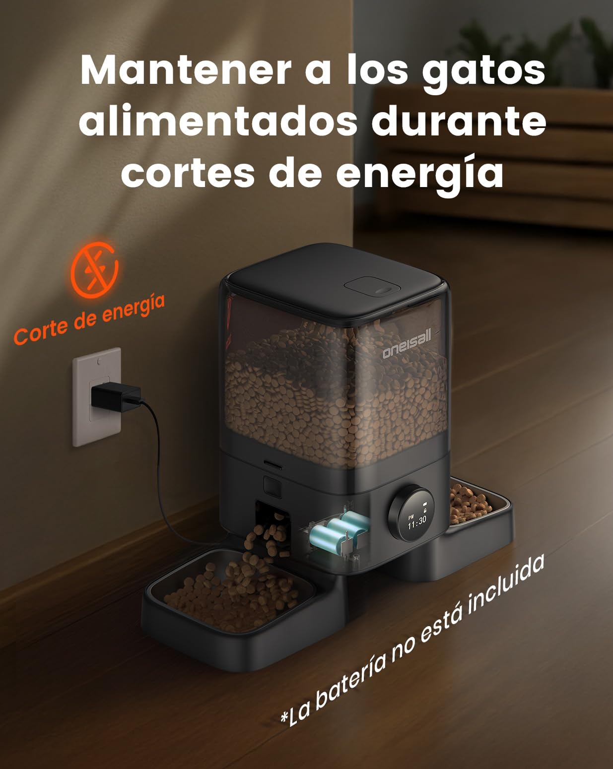 oneisall Comedero automático para Gatos 2 Tazones, 5L Comedero para Gatos con un botón Fácil Operación, dispensador de Comida Seca