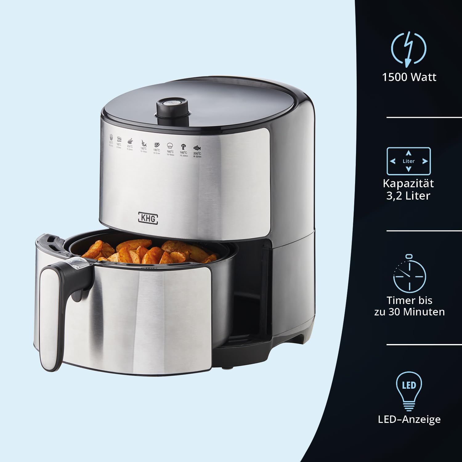 KHG Heißluft-Fritteuse Airfryer HLF-3200 silber 3,2 Liter herausnehmbarer Frittierkorb 1500 Watt Timer LED Anzeige