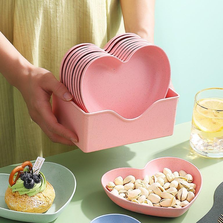Image of DEVAR Plastic Heart Shape Snack & Dessert Plate Set for Kids with Stand | Lightweight, Eco-Friendly & Microwave Safe Chat Plates | Wheat Straw Fiber | Pink, Set of 10