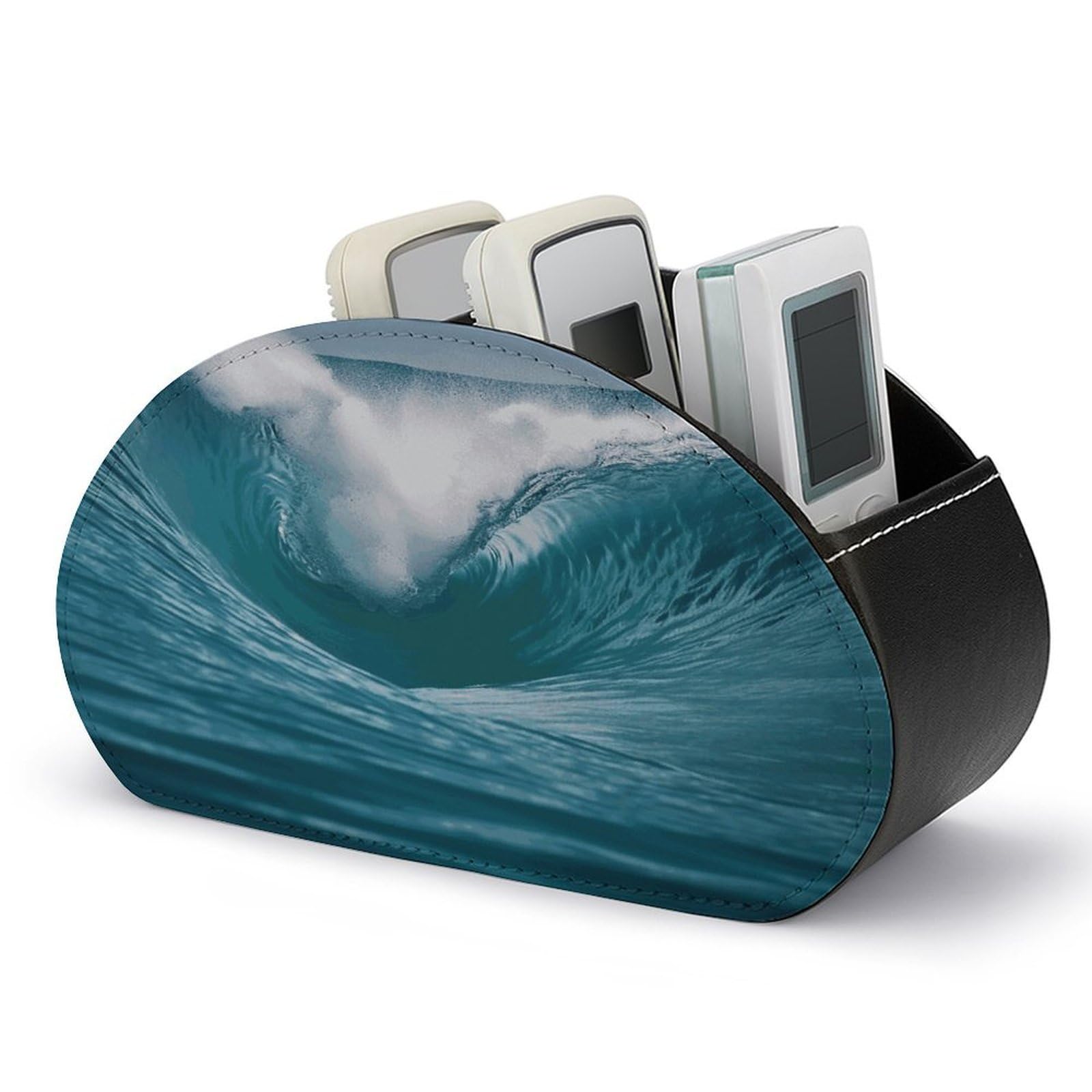 FekiLoot Ocean Wave Remote Control Holder, PU Leather Remote Control Organizer Box Stationery Remote Control Box Desk Storage Organizer for DVDs,Glasses,Pens,Media Players