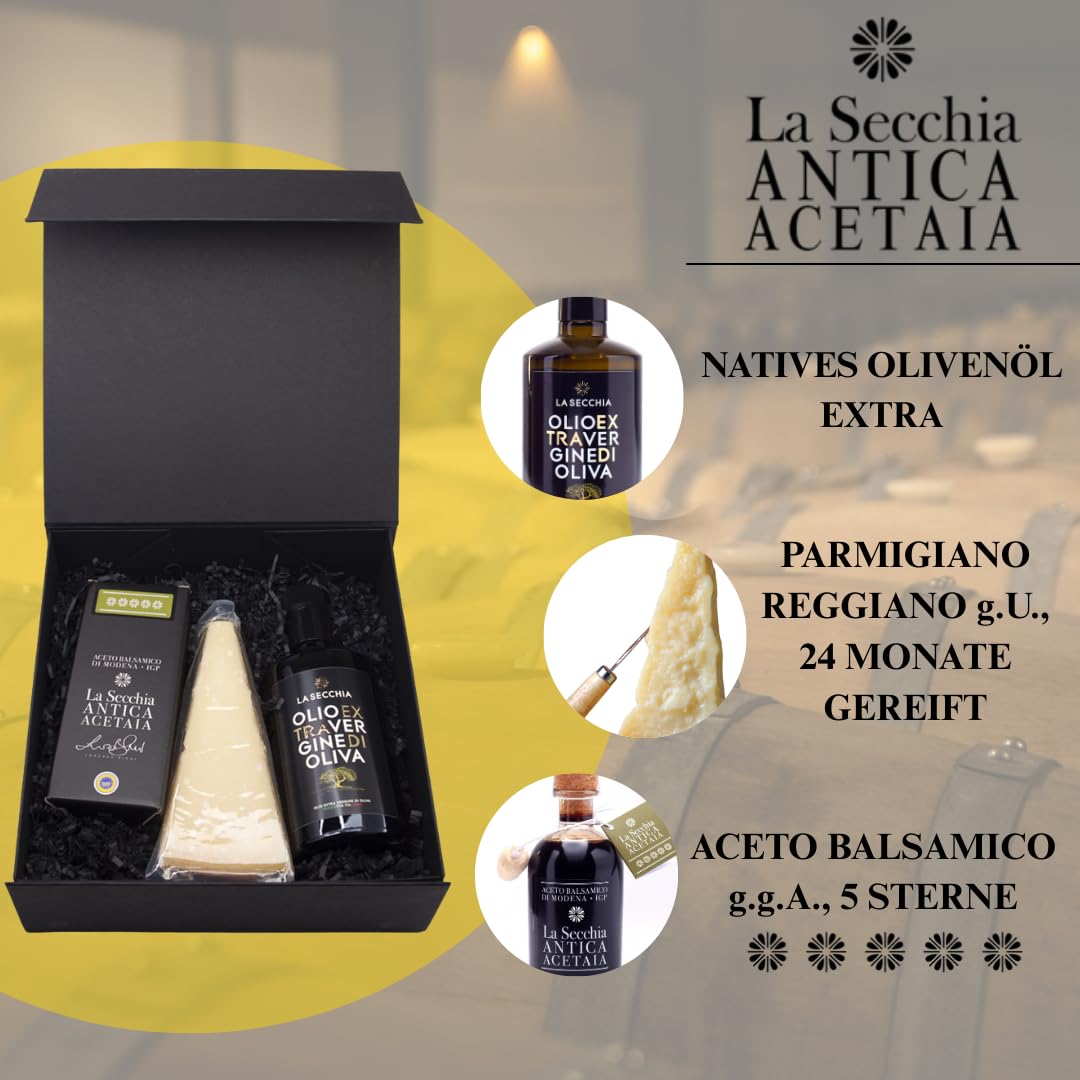 La Secchia – Handgemachter Feinschmecker-Korb, Natives Olivenöl extra, Aceto Balsamico di Modena g.g.A., Parmigiano Reggiano, Gourmet-Set mit typischen italienischen Spezialitäten, Geschenktasche inkl
