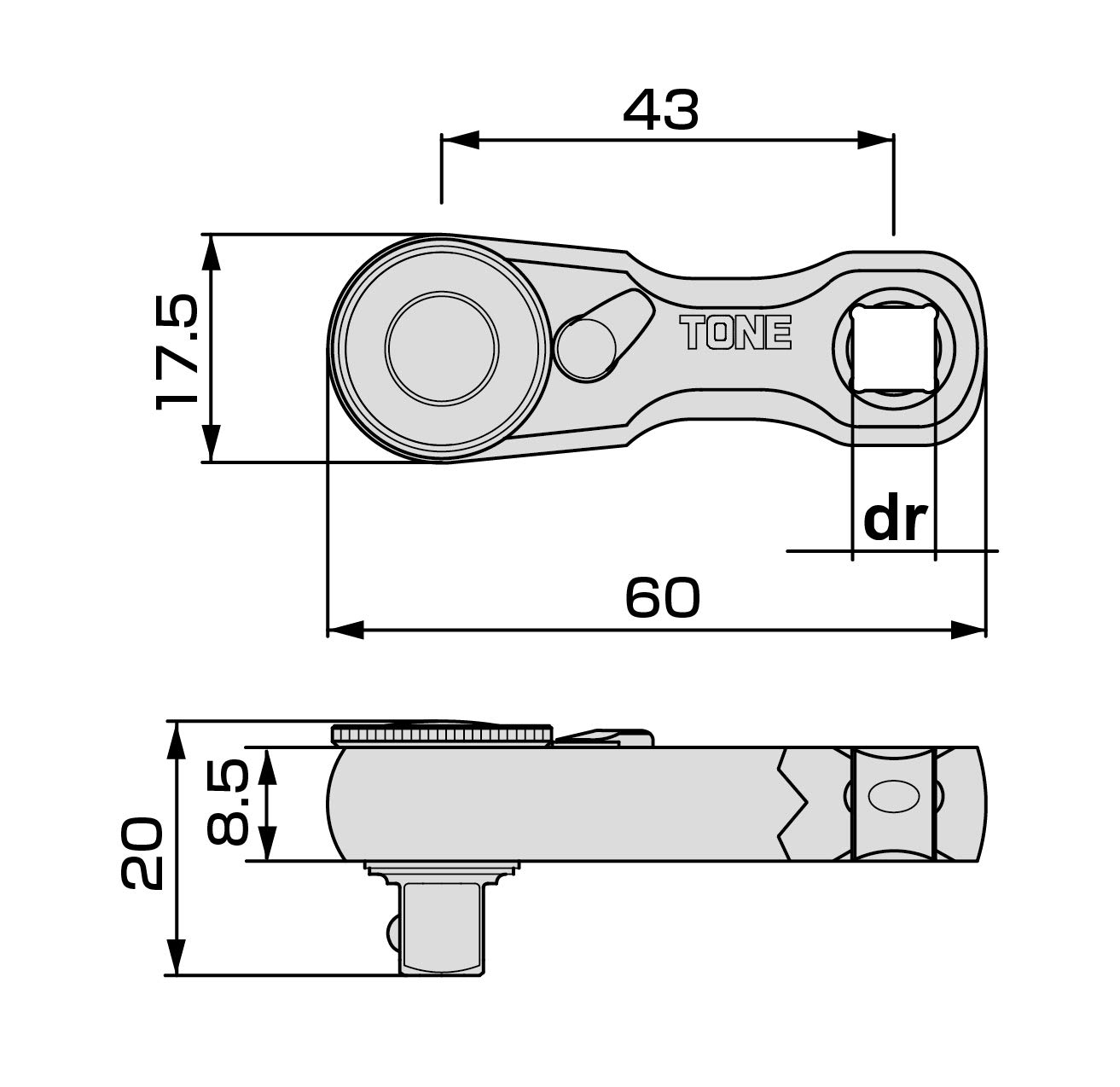 TONE Stubby Ratchet Handle (Hold Type) RH2HSS2 Drive Angle 6.35mm (1/4") NEW - Picture 5 of 7