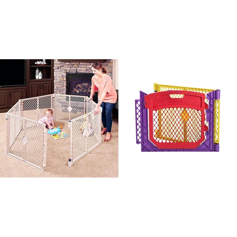 Toddleroo by North States Superyard 6 Panel Free Standing Play Yard, Indoor or Outdoor Baby Playpen & Superyard Colorplay Ultimate 2 Panel Extension, Made in USA