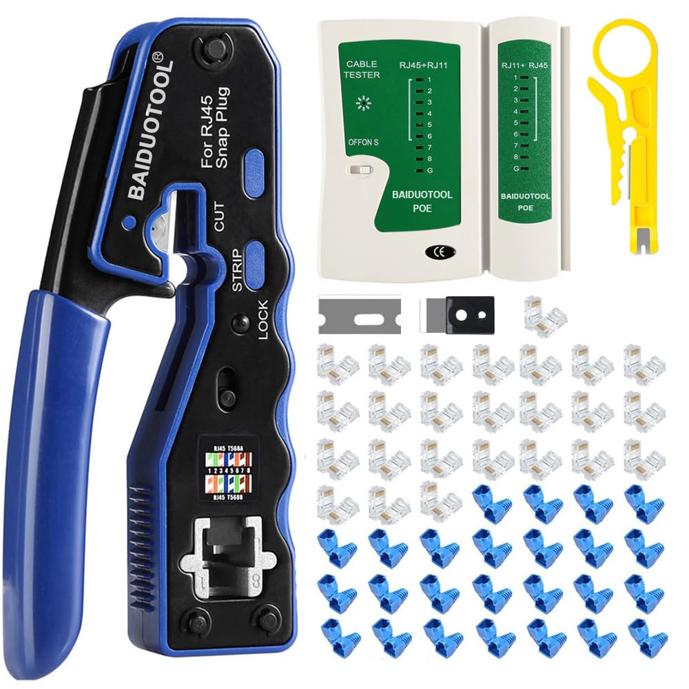 Kit di crimpatura RJ45 con pinza crimpatrice passante per Cat5, Cat5e, Cat6, Cat6a, 8P8C, connettore modulare All-In-One Cat6, crimpatrice e tester (batteria da 9 V non inclusa)