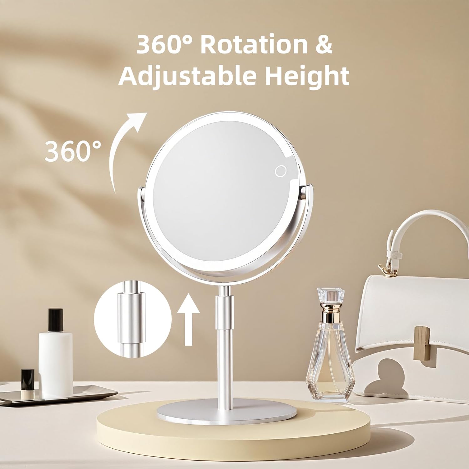 Makeup Mirror with Magnification (1X/10X), 8" Round Magnifying Vanity Mirror with Lights, Cordless Double Sided Light Weight Aluminum Alloy - Gifts Idea