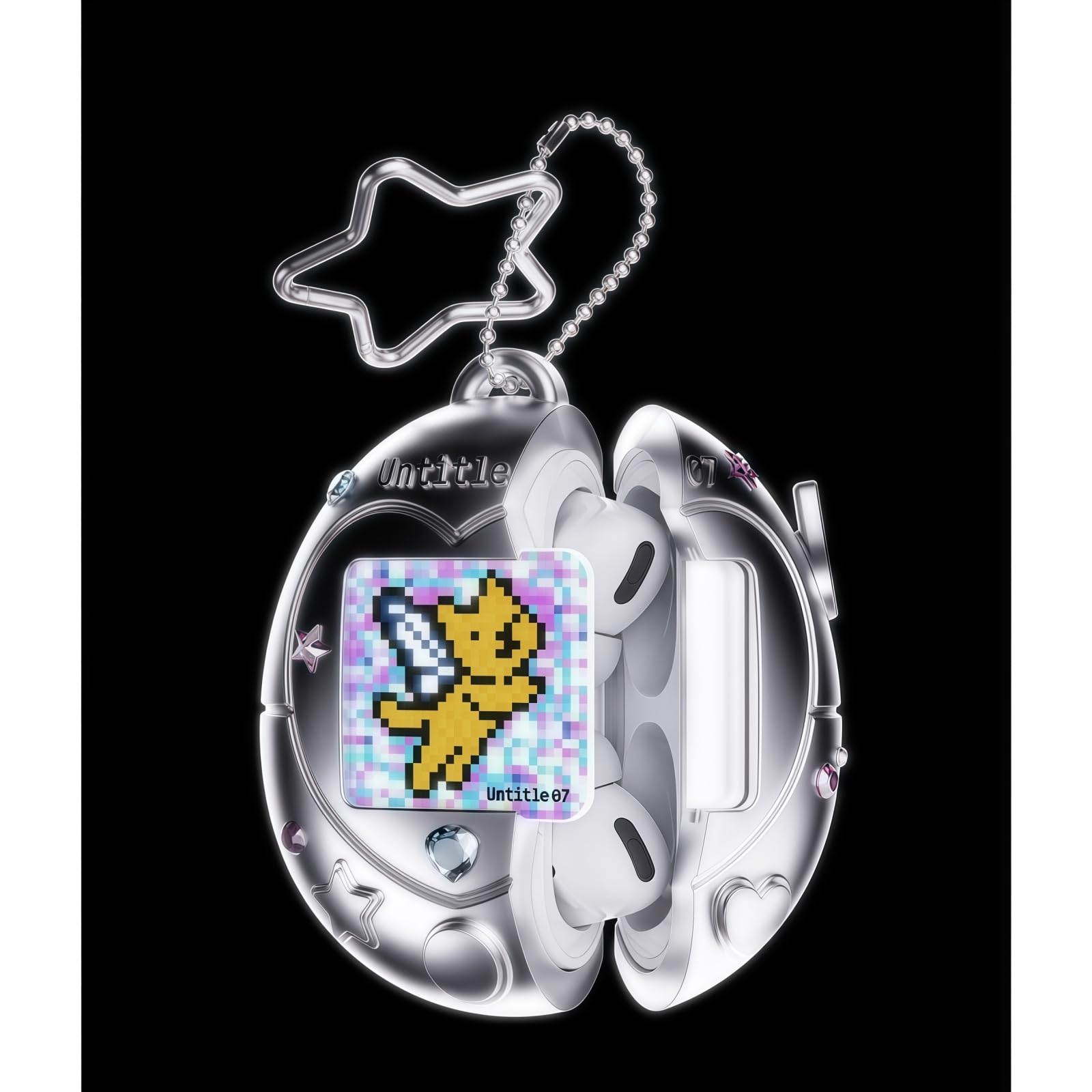 Custodia per auricolari Virtual Pet, rosa Kawaii Tama gotchi, custodia protettiva con portachiavi a stella, carte sostituibili per animali domestici, adesivi glitterati per pod 4/Pro 2/1 (argento, Pro