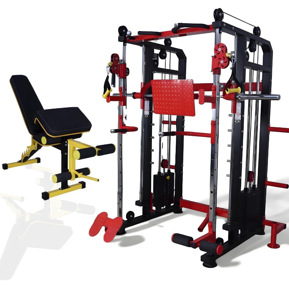 Multi Gym Functional Trainer with Smith Machine | 160 Kg Iron Weight Stack (80 Kg Each Side) | Home Gym Equipment with Bench | 12 Gauge Steel | Red Black-image-36