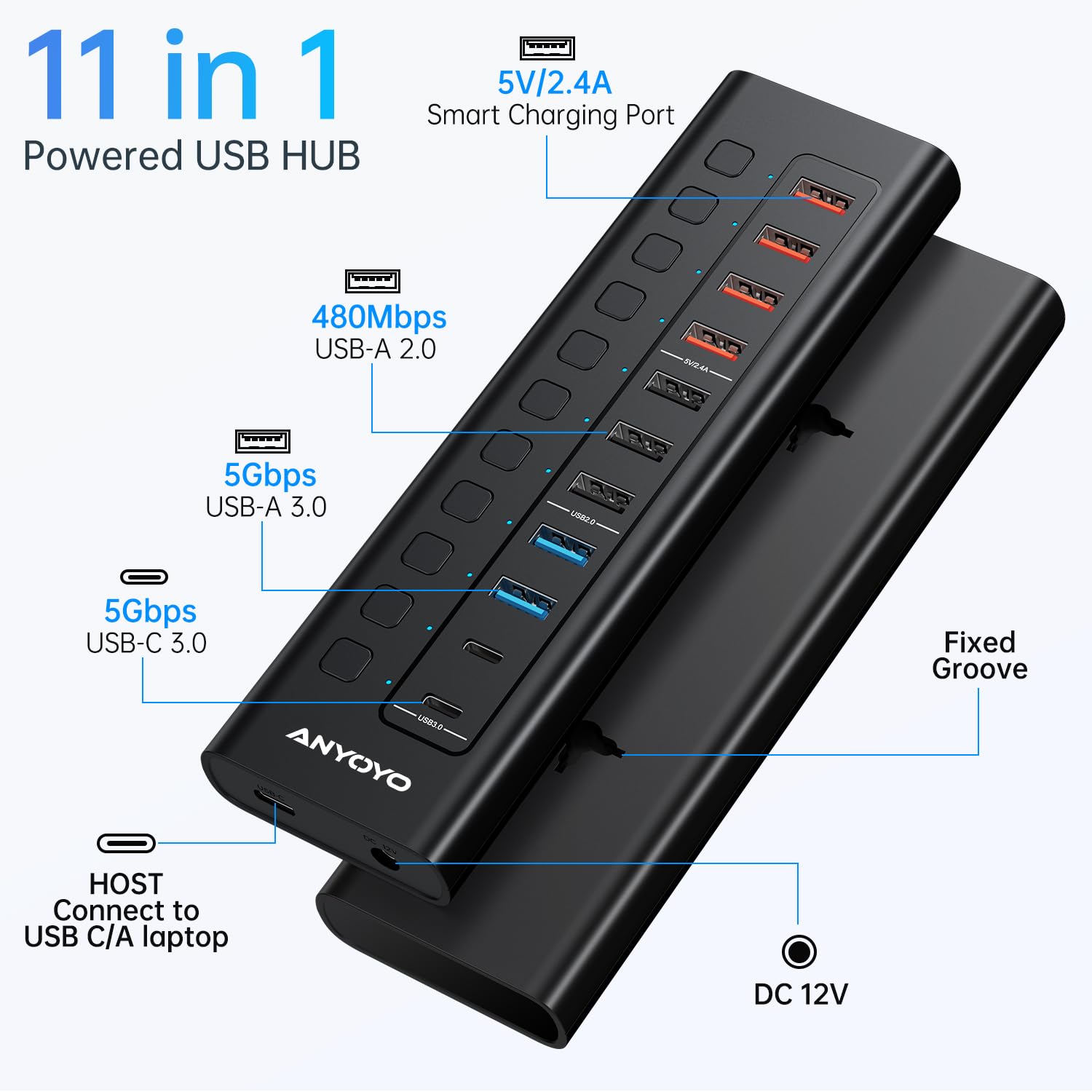 Powered USB Hub ANYOYO 11-Port USB Splitter Hub 11* USB,Wall Mounting Design, Individual On/Off Switches, USB C Hub 3.0 Powered Adapter for Laptop/PC