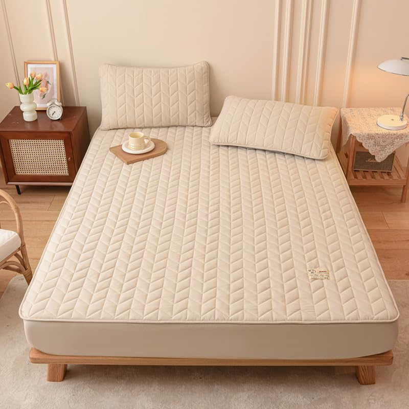 FCLDESHOP Confortable Housse Matelas,Drap-Housse matelassé épais de Couleur Unie avec Poche Profonde, protège-Matelas Confortable et antidérapant, Kaki, 180 x 220 cm + 30 cm (3 pièces)