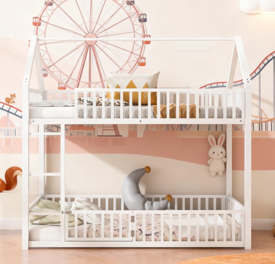 Image of Bellemave Metal Bunk beds Twin Over Twin, House Floor bunk Bed with guardrail and Door for Kids,White