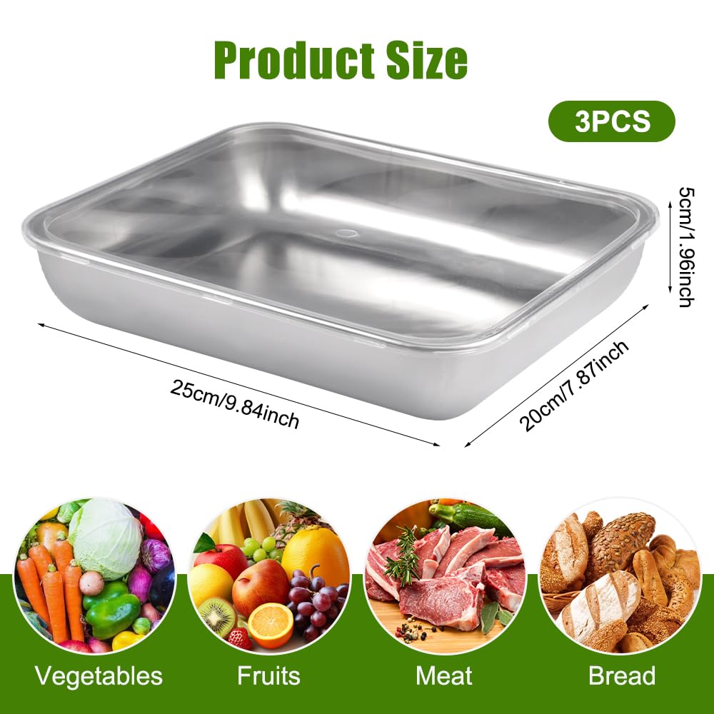 Zyren Set di 3 Teglie per Impanatura in Acciaio Inox,25x20x5 cm Teglia Forno Inox Rettangolare,Ciotole per Impanare,Facili da Pulire,Riutilizzabile,Vassoio Acciaio Impilabili per Carne,Pesce,Verdure