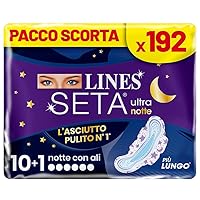 LINES SETA ULTRA NOTTE con ali, Pacco scorta da 192 assorbenti per ciclo mestruale,protezione per la notte
