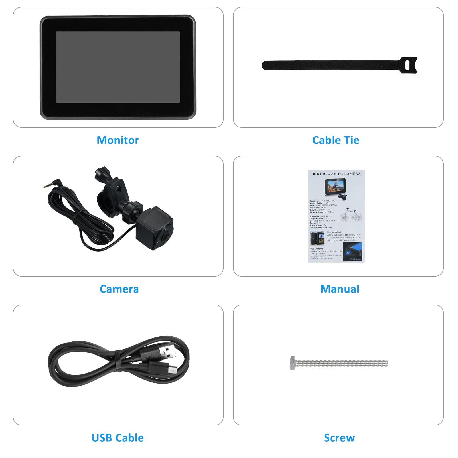 Rétroviseur de vélo sur Guidon, 150° Grand Angle Caméra de recul de vélo Rechargeable 1080P avec Moniteur de 4,3 Pouces, Vision Nocturne Couleur, Support réglable, Compatible avec Divers vélo
