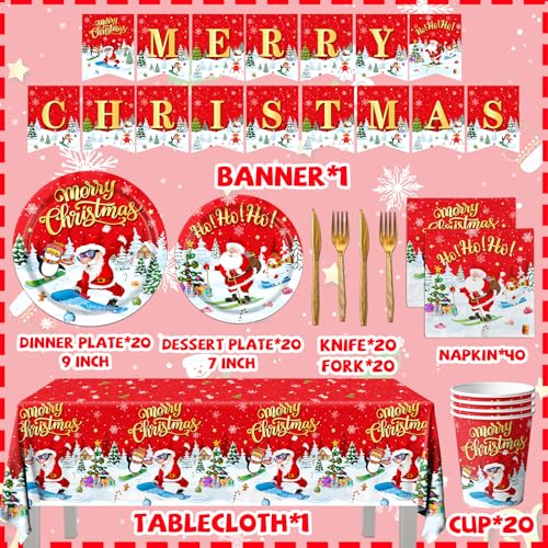 Christmas Party Supplies Tableware,142pcs Christmas Dinnerware Set Disposable Christmas Plates and Napkins Cups Tablecloth,Santa Plates for Xmas Holiday Christmas Party Decorations Kids – Image 6