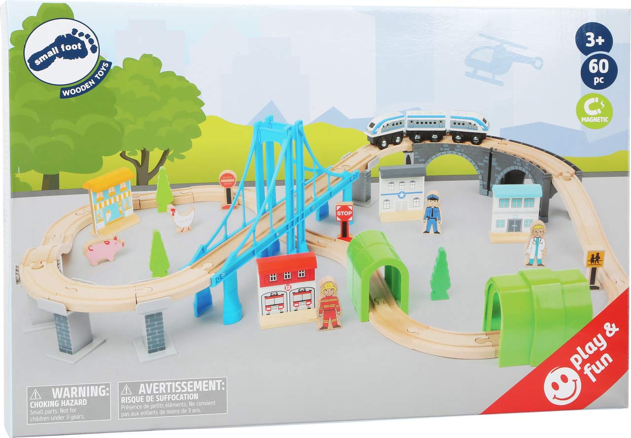 Small Foot 11492 Ferrovia in Legno Costruzione di Un Ponte, Legno, con Ponte sospeso e gallerie, Mondo di Gioco su Due Livelli