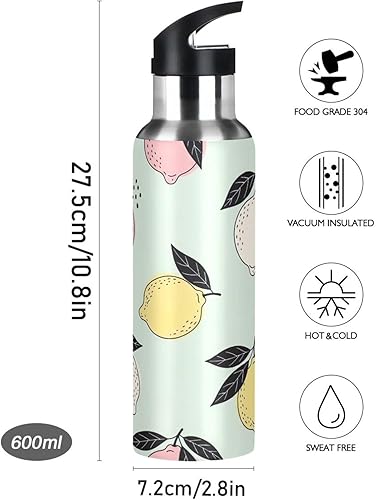 Miniatura 9 de Botella de agua con aislamiento al vacío de acero inoxidable verde claro, limones pastel, botella de agua a prueba de fugas, botella de agua