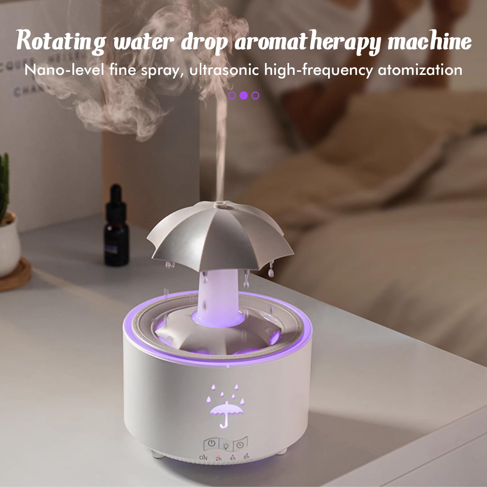 Umidificatore per camera da letto, Umidificatore a forma di goccia con luce colorata per oli essenziali, bianco