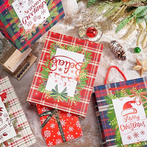 Image of Loveinside Christmas Gift Bags Set, Gold Foil Holiday Wreath & Plaid Design, Medium Size Bags with Handle, Tissue Paper for Christmas Gifts & Party Favors, 4 Pack, 7 inch X 4 inch X 9 inch