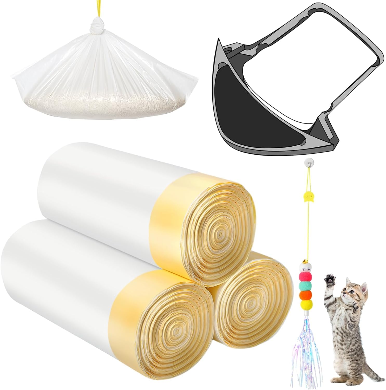 Ppyqq White And Yellow Waste Drawer Liners Bags Replacement Compatible With Litter Box Robot 3 And 4, 60 Count Thickened Heavy Duty Cat Liner Bags With Drawstring 10-12 Gallons Of Capacity