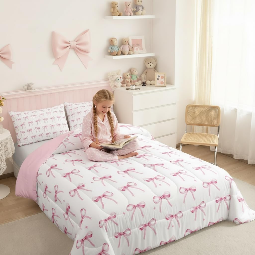 Erosebridal Pink Bowknot Kids Comforter Set Queen,Cartoon Bow Tie Comforter for Girls Butterfly Knot Princess Bedding Set,Girly Watercolor Bow Duvet Insert Patchwork Stars White Pink Room Decor