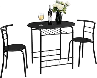 Sponsored Ad - VINGLI 3 Piece Dining Set,Small Kitchen Table Set for 2,Breakfast Table Set,Kitchen Wooden Table and 2 Chairs for Small Space/Dining Room/Apartment,Metal Frame,Wine Rack,Black