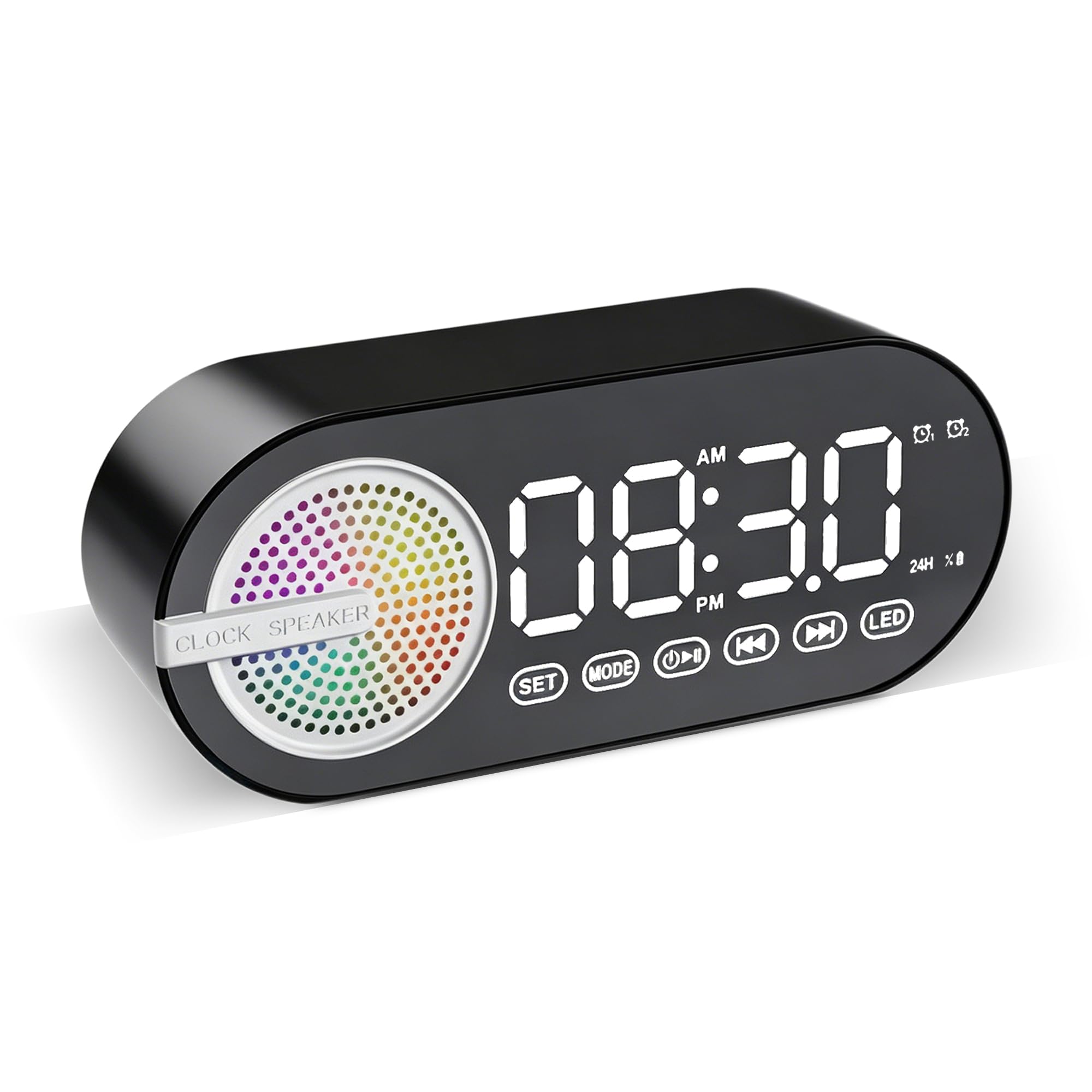 Winsegom Alarm Clock, Digital Alarm Clock with Light, Black Alarm Clock Radio with Bluetooth Speakers, Bedside Clock with Led Display Dual Alarms Fm Radio Mirror Alarm Non Ticking
