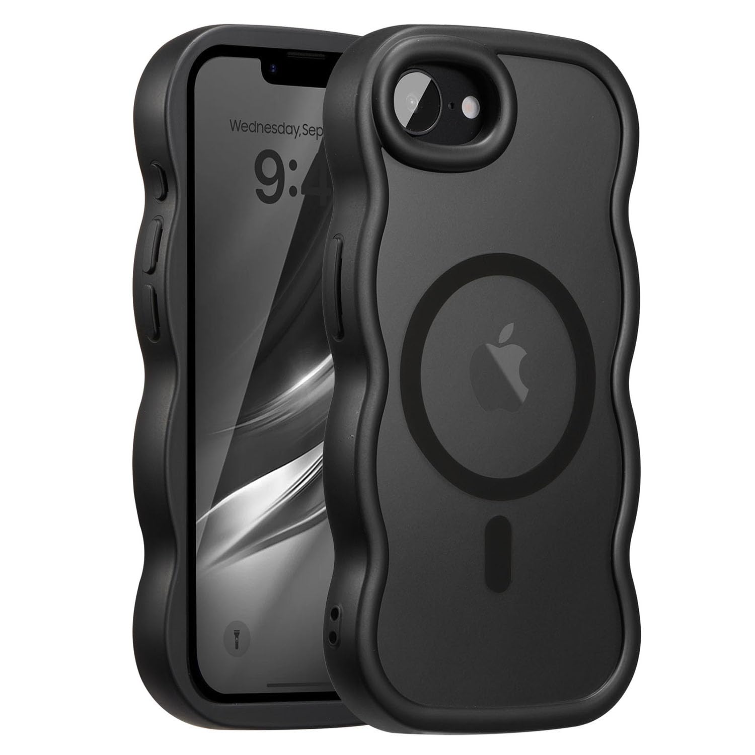 UEEBAI 対応 iPhone 17e/iPhone 16e 用の ケース 透明 TPU ウェーブデザイン スマホケース クリア 可愛い 人気 おしゃれ ケース MagSafe対応 薄型 軽量 耐衝撃 波型 バンパー スマホケース - ブラック