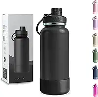 Garrafa Térmica 1000ML - Duplamente Isolada a Vácuo, Aço Inox 304, Capa Protetora da Base de Silicone, Mantém Bebidas Gelada 24 horas e Quente 12 horas (Preto Wide)