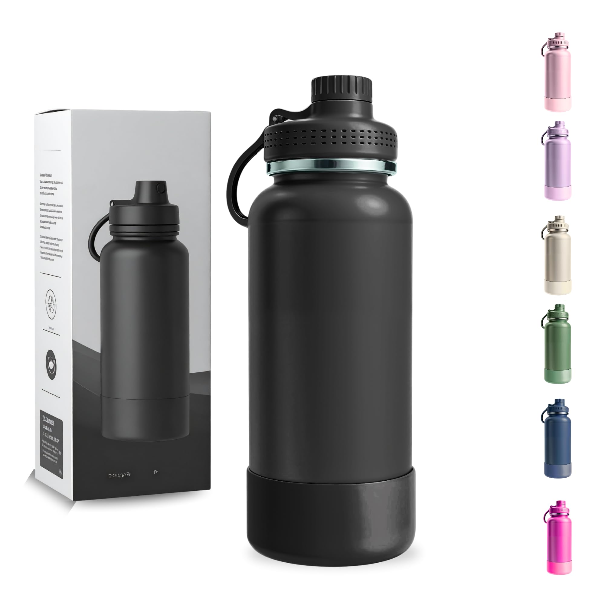 Garrafa Térmica 1000ML - Duplamente Isolada, Aço Inox 304, Base Emborrachada Anti Derrapante, Mantém Bebidas Quentes por 12 Horas e Geladas por 24 Horas (Preto Wide)