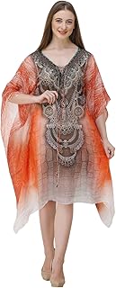 CURVSHAPE Short Orange Digital Printed | Crepe Kaftan | Vacation Wear | Beach Wear | Coverups | Kaftan Dress | for Women |...
