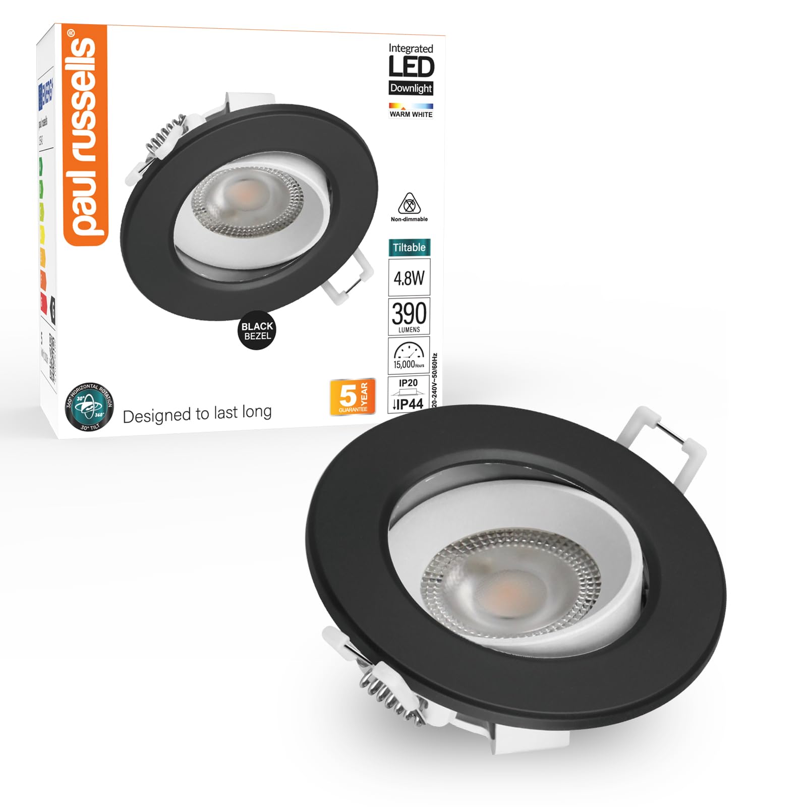 Paul Russells Warm White Led Recessed Ceiling Downlight, 3000K 4.8W 390Lm Cutout 68-74Mm Round Black, Ip44, Adjustable Tilt (Not Dimmable) 38° Spotlight For Kitchen, Bathroom, Bedroom, Hallway Lights - 1 Pack