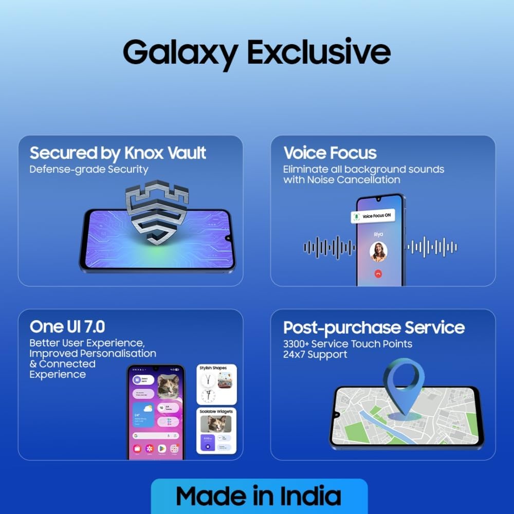 Graphic detailing Galaxy Exclusive features: Knox Vault, Voice Focus, One UI 7.0, and Post-purchase Service.