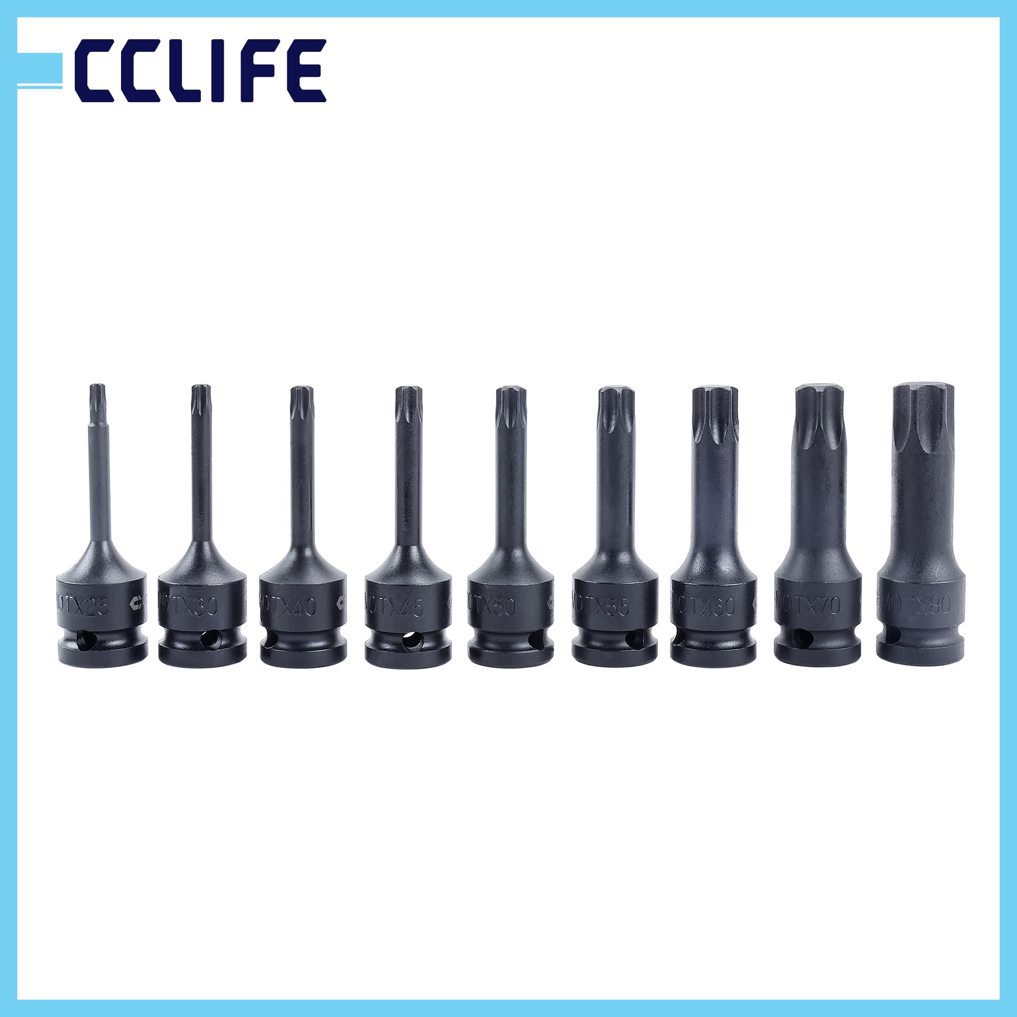 CCLIFE Wkrętarka udarowa zestaw bitów 1/2" Torx z łbem sześciokątnym Spline26-częściowy CR-MO | Zestaw kluczy nasadowych z profilami Torx, gniazdem sześciokątnym i profilami splajnowymi do pojazdów i prac warsztatowych