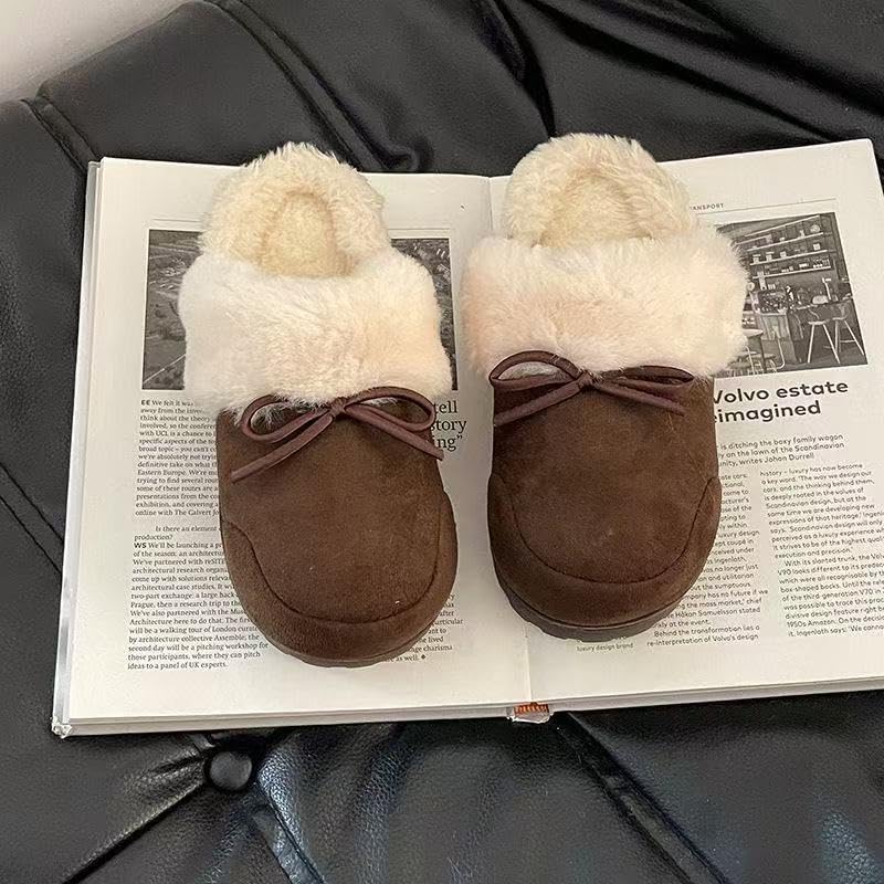 ZQW Cute Chic Bow-Tie Fuzzy Fluffy Slides Cozy Lightweight Open-Toe Chunky Platform Shoes for Women Winter Indoor Outdoor4