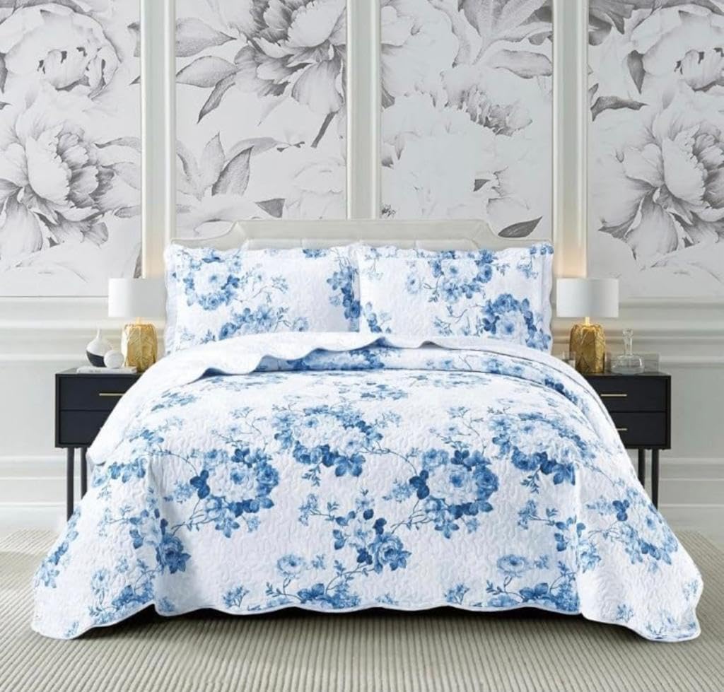 3 PCS Patchwork Bedspread Quilted Bed Throw Single Double King Size Bedding Set (Vintage Florar Blue, King) — image 1
