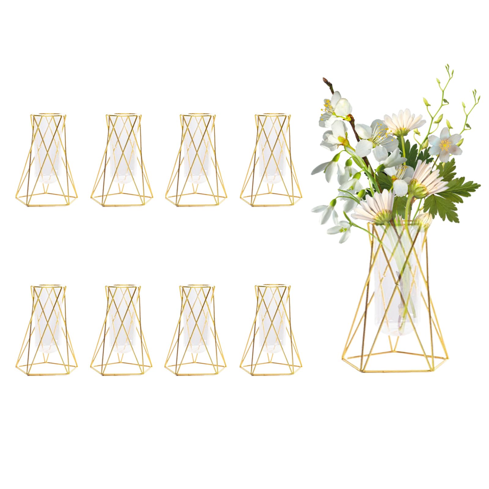 8 Pcs Gold Geometric Vase for Centerpieces, 6.3 Inch Metal Flower Stand with Glass Vase Hydroponic Plant Test Tube Vase Modern Vase for Wedding Home Decor