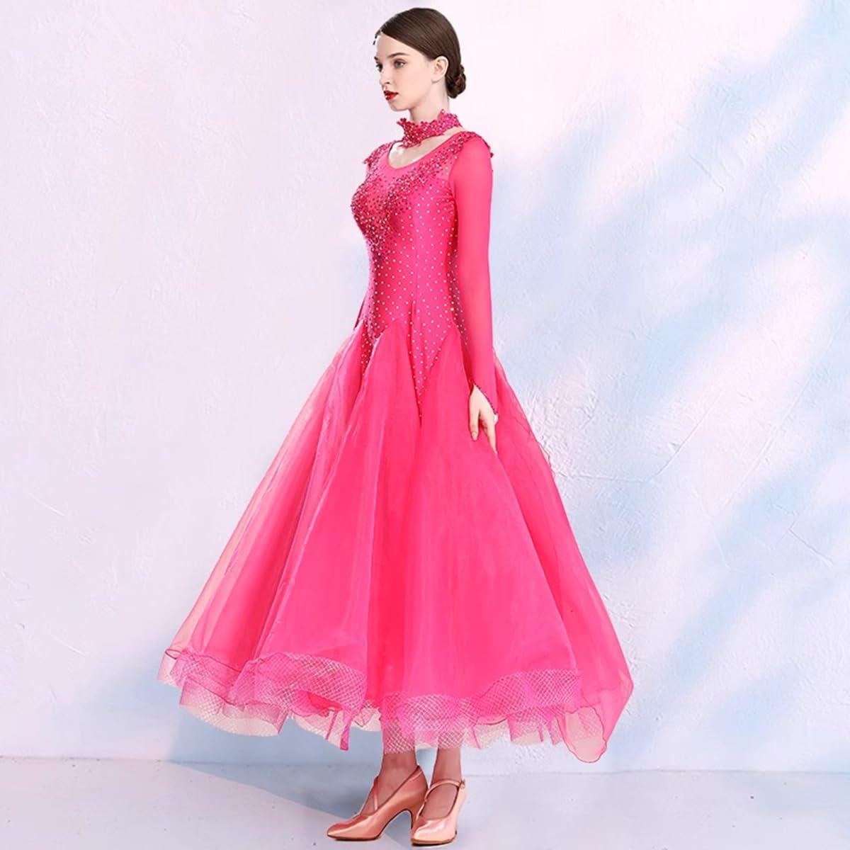 NAKOKOU Ballroom Dance Dress for Womens Waltz Costume Modern Competition Outfit(Rose Red,3XL)