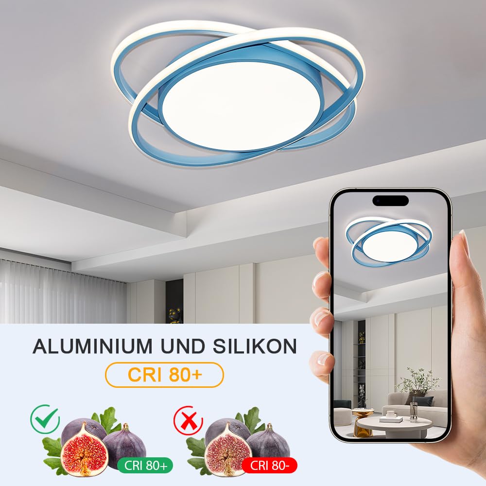 JDONG LED Dimmbar Deckenleuchte 54W Kinderzimmerlampe Modern Design Blau Deckenlampe mit Fernbedienung Farbtemperatur Stufenlos Einstellbar 3000-6500k für Schlafzimmer Kindergarten Ø52CM