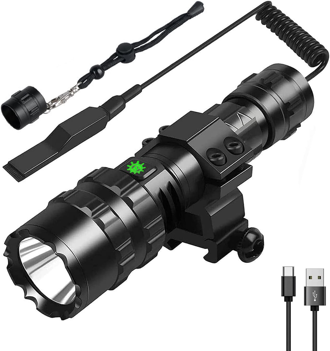 Ultra-Bright LED Airgun Tactical Flashlight, 4000 Lumens Rechargeable IP65 Waterproof, with Pressure Switch Rail Mounting Kit, Ideal for Camping and Hunting