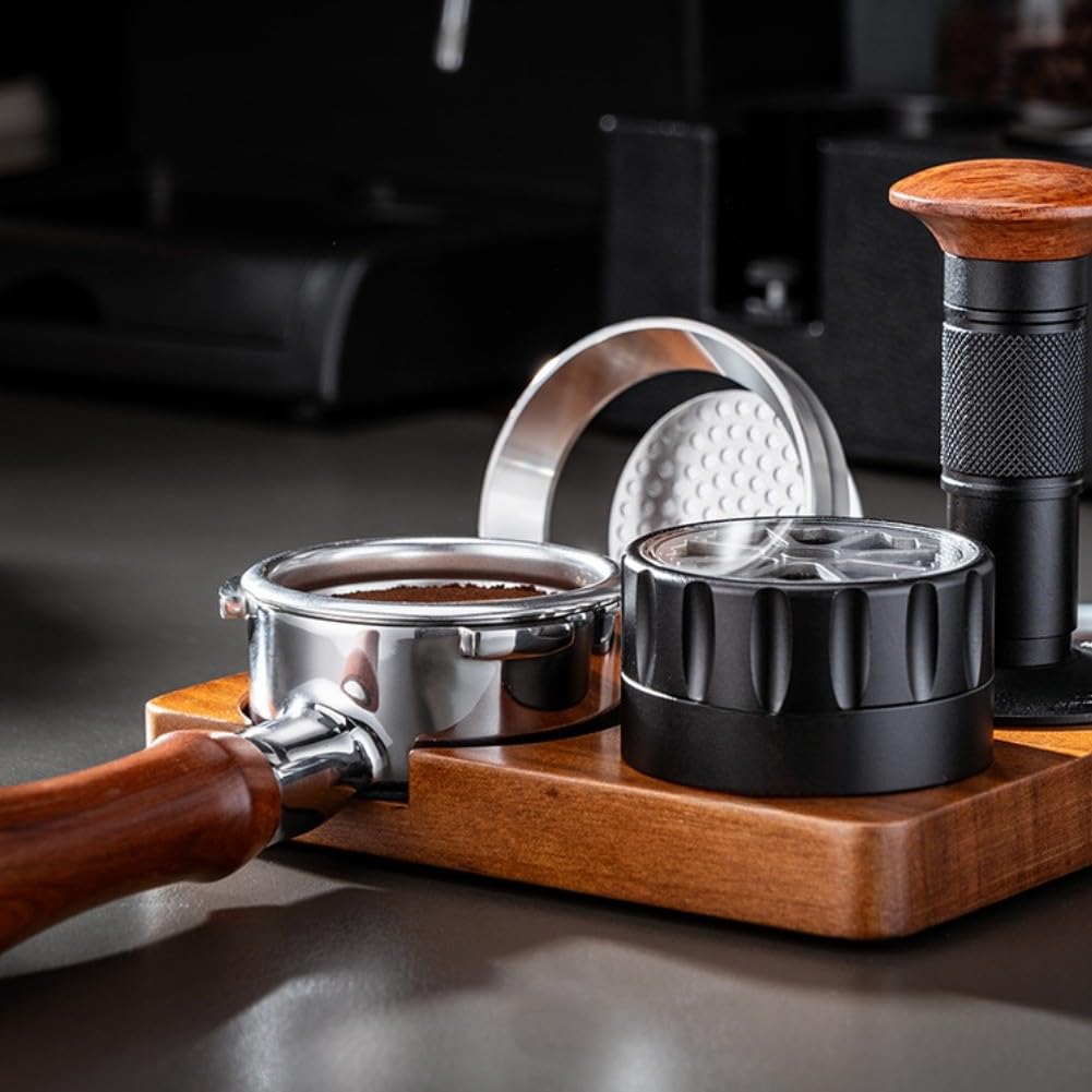 Juego de 6 piezas de prensador de espresso con estación de apisonamiento de madera, distribuidor, embudo dosificador, cepillo y pantalla de disco, cafetera barista