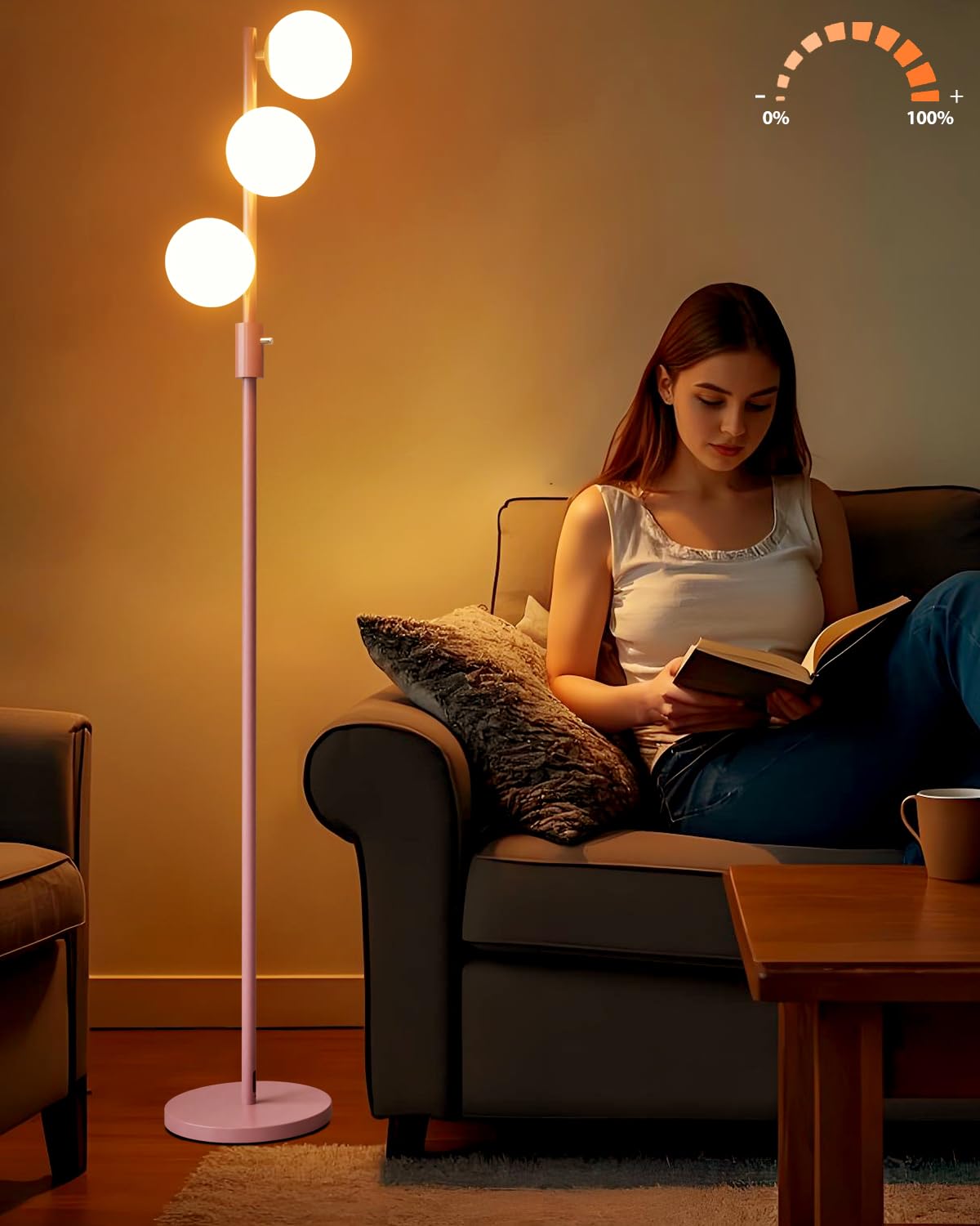 Lightdot Dimmable (Brightness Adjustable) Globe Floor Lamp, Pink Pole Standing Lamps with 3PCS 3000K G9 Bulbs, Mid Century Modern Floor Lamp for Living Room